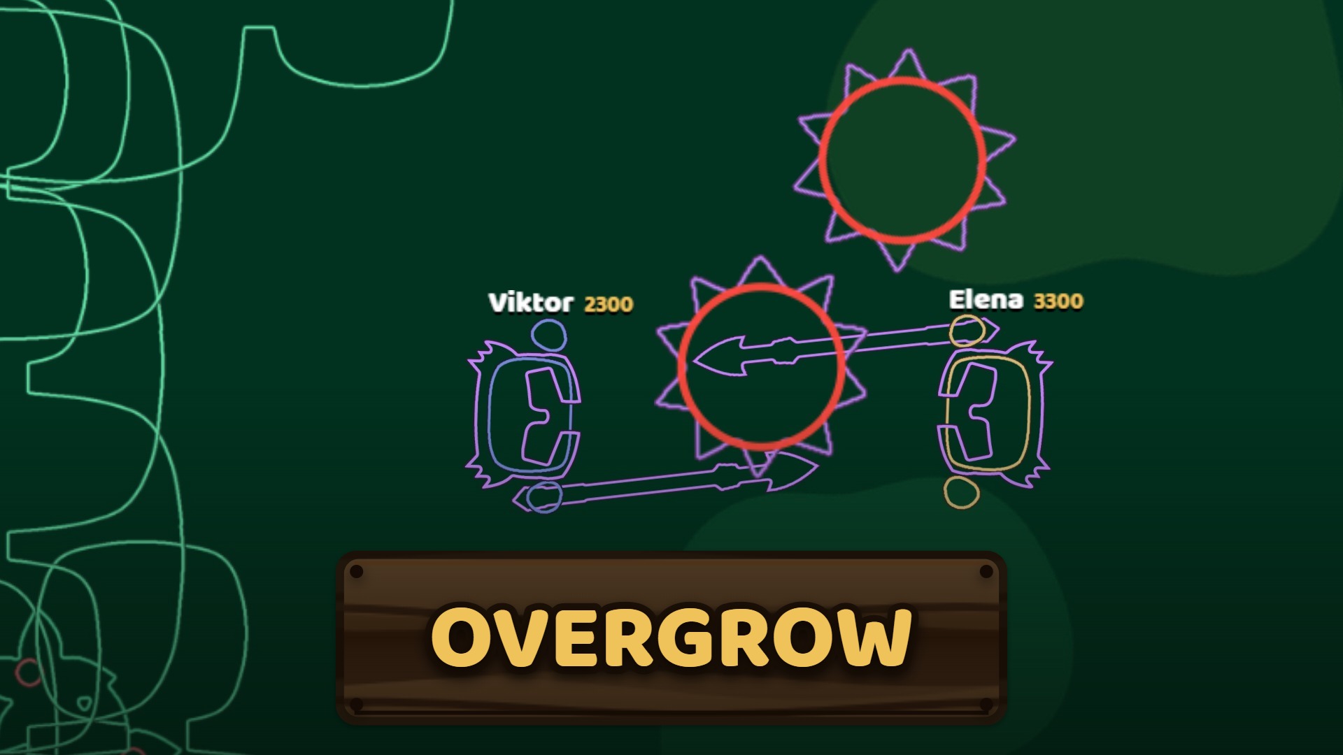 Overgrow gameplay: two fighters in helmets with spears among spikes in the forest arena